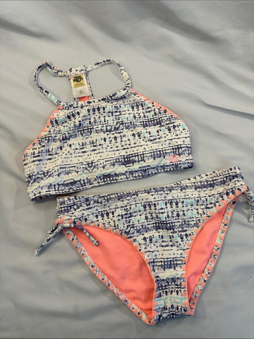 Girls' High-Neck Swim Bikini Set in Blue Pattern with Coral Accents